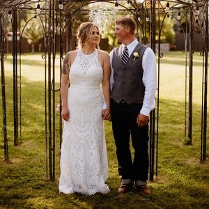 Lillian West bohemian wedding dress; style #66055